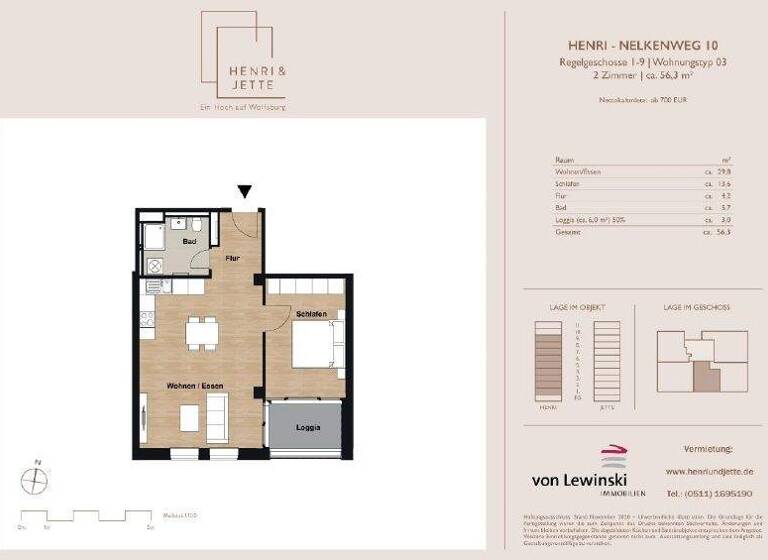 Wohnung zur Miete 789 € 2 Zimmer 55,1 m² 6. Geschoss frei ab 01.06.2026 Nelkenweg 10 Hellwinkel Wolfsburg 38446