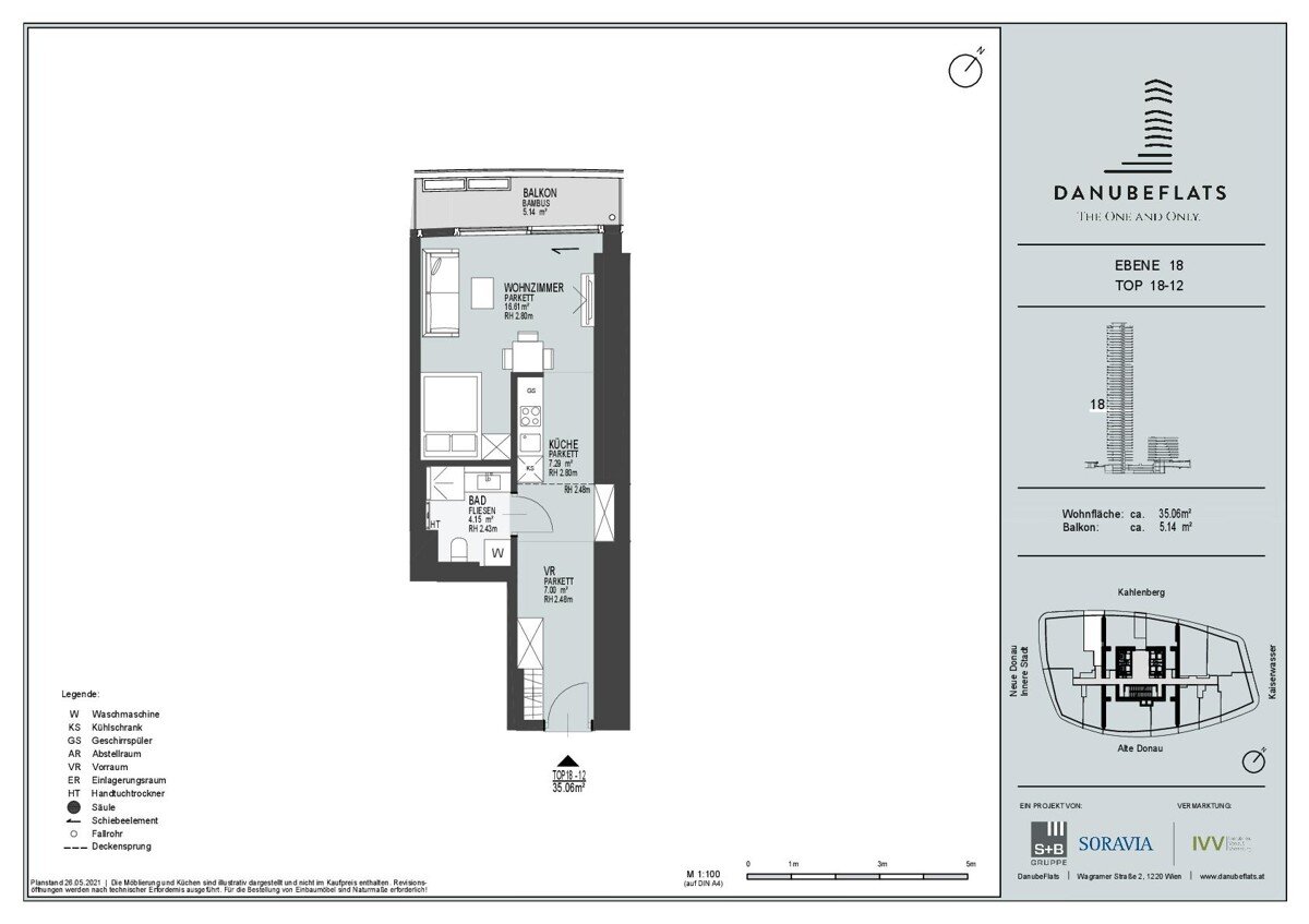 Wohnung zur Miete 1.091 € 1 Zimmer 35,1 m²<br/>Wohnfläche 18.<br/>Geschoss Wagramer Straße 2 Wien 1220