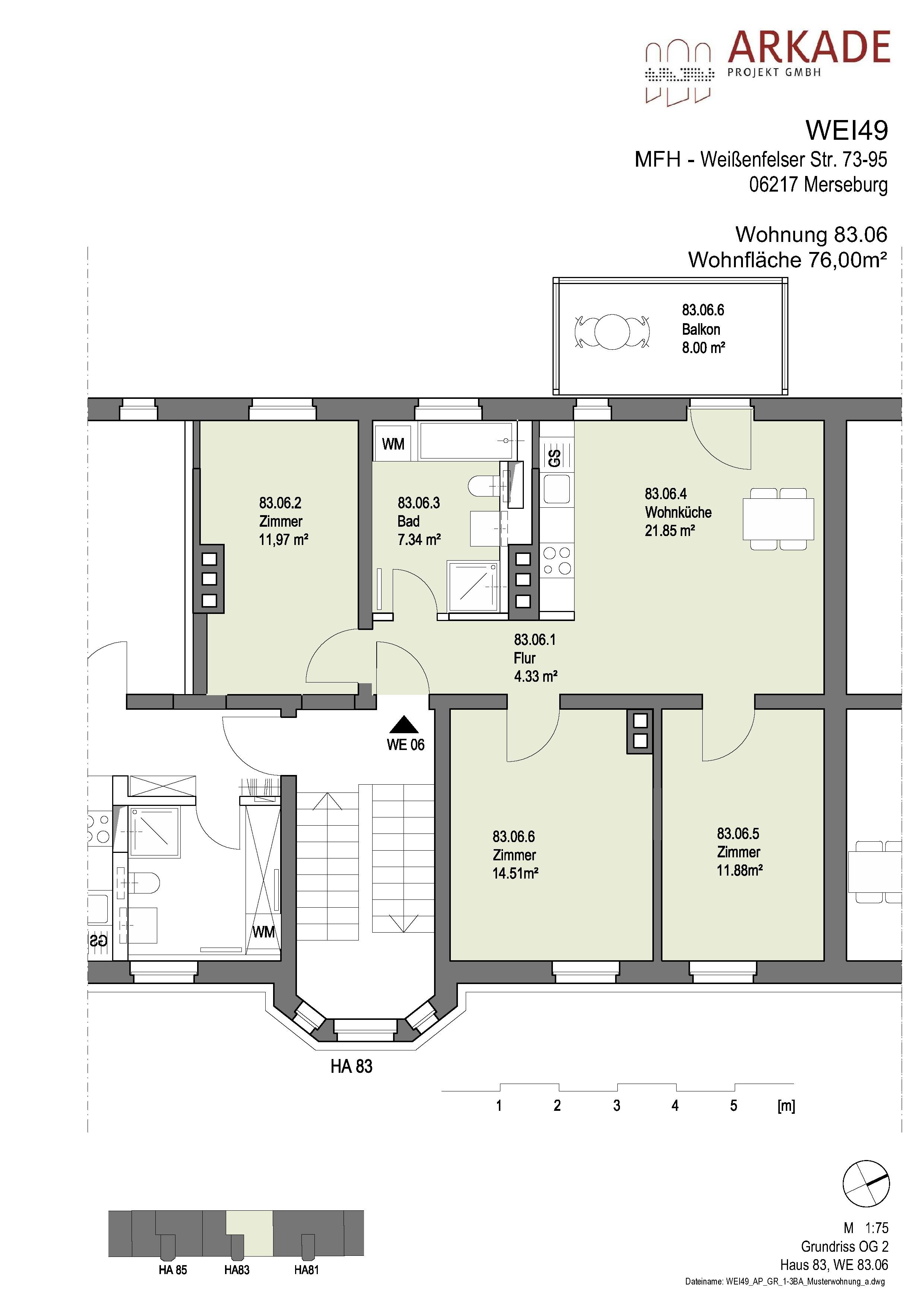 Wohnung zur Miete 570 € 3,5 Zimmer 76 m²<br/>Wohnfläche 2.<br/>Geschoss ab sofort<br/>Verfügbarkeit Weißenfelser Straße 83 Merseburg Merseburg 06217