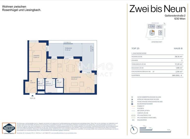 Wohnung zum Kauf - Erstbezug provisionsfrei 389.000 € 2 Zimmer 58,2 m² 5. Geschoss Wien 1230