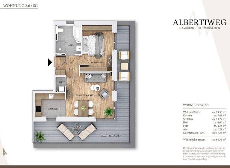 Wohnung zur Miete 2.097 € 2 Zimmer 67,8 m² frei ab 01.03.2026 Albertiweg 7a Othmarschen Hamburg 22605