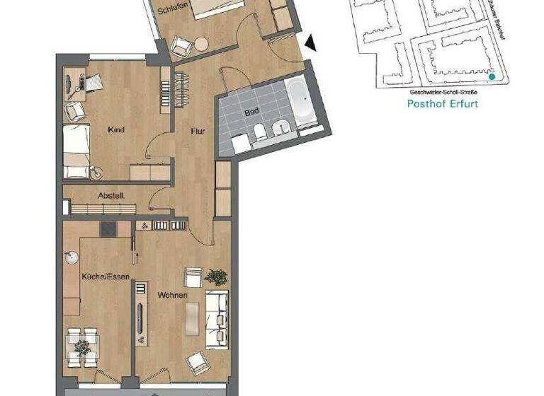 Wohnung zur Miete 1.169 € 3 Zimmer 90 m² Krämpfervorstadt Erfurt, Stadt 99085