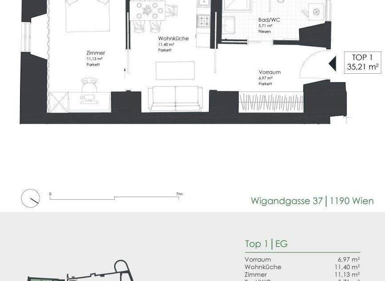 Wohnung zur Miete 1.111 € 2 Zimmer 35,2 m² EG Wigandgasse 37 Wien 1190