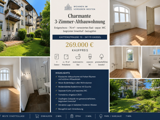 Wohnung zum Kauf provisionsfrei 269.000 € 3 Zimmer 76 m² Geschoss EG/5 frei ab sofort Kattenstraße 10 West Vorderer Westen 34119