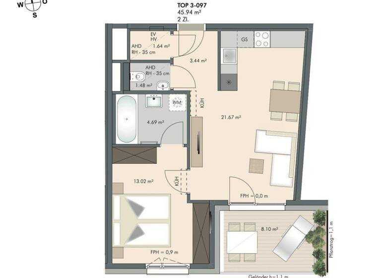 Wohnung zum Kauf - Erstbezug 387.575 € 2 Zimmer 46,1 m² 8. Geschoss Attemsgasse Wien 1220