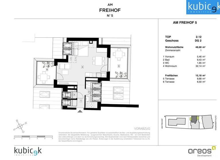 Terrassenwohnung zum Kauf - Erstbezug 349.577 € 2 Zimmer 48,7 m² 3. Geschoss Am Freihof 5 Wien 1220