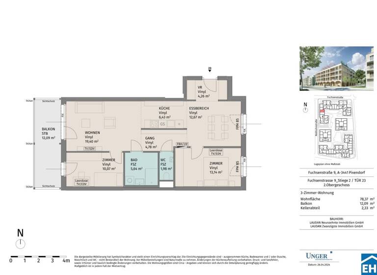 Wohnung zur Miete - Erstbezug 814 € 3 Zimmer 78,4 m² 2. Geschoss Fuchsenstraße Pixendorf 3451