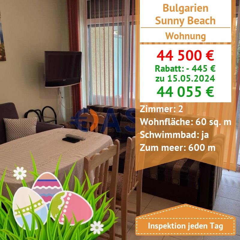 Apartment zum Kauf provisionsfrei 44.055 € 2 Zimmer 60 m²<br/>Wohnfläche 1.<br/>Geschoss Sunny Beach