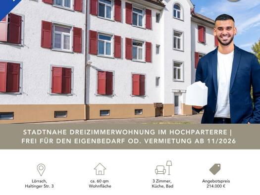 Wohnung zum Kauf 214.000 € 3 Zimmer 59,5 m² frei ab 01.11.2026 Haltinger Straße 3 Lörrach Lörrach 79539