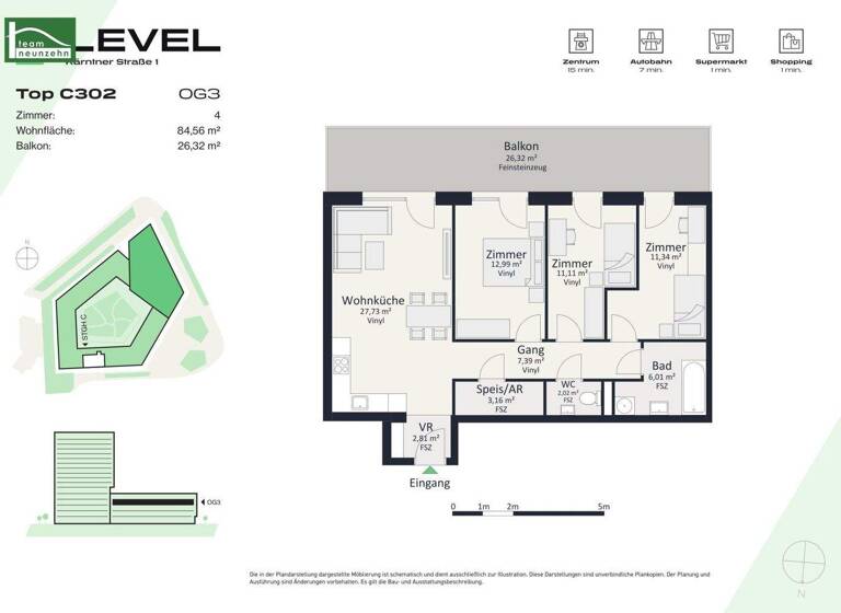Wohnung zur Miete - Erstbezug 997 € 4 Zimmer 84,6 m² 3. Geschoss frei ab 01.05.2026 Kärntner Straße 1 Gries Graz 8020