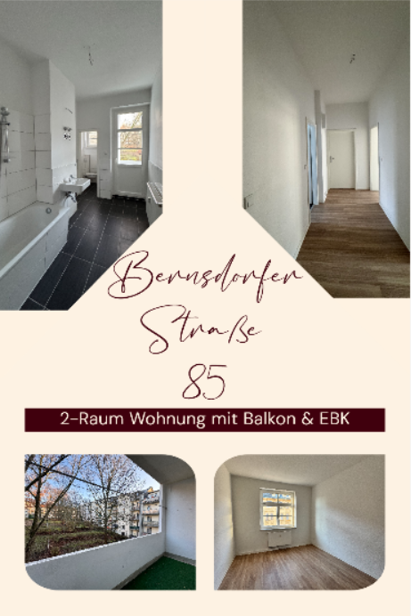 Wohnung zur Miete 330 € 2 Zimmer 60 m²<br/>Wohnfläche 2.<br/>Geschoss ab sofort<br/>Verfügbarkeit Bernsdorfer Straße 85 Bernsdorf 420 Chemnitz 09126