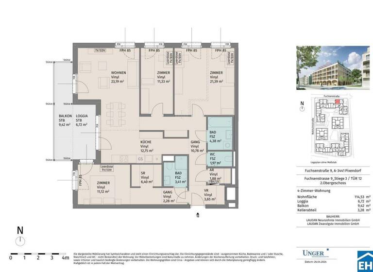 Wohnung zur Miete - Erstbezug 1.163 € 4 Zimmer 114,5 m² 2. Geschoss Fuchsenstraße Pixendorf 3451
