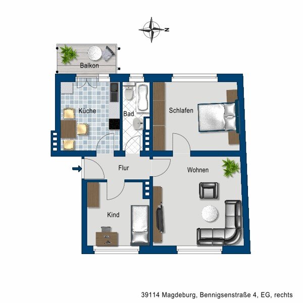 Wohnung zur Miete 429 € 3 Zimmer 65,5 m²<br/>Wohnfläche 01.02.2025<br/>Verfügbarkeit Bennigsenstr. 4 Siedlung Cracau Magdeburg 39114