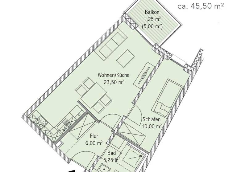 Studio zur Miete 590 € 2 Zimmer 45,5 m² 1. Geschoss Röthsoll 4 Brinckmansdorf Rostock 18055