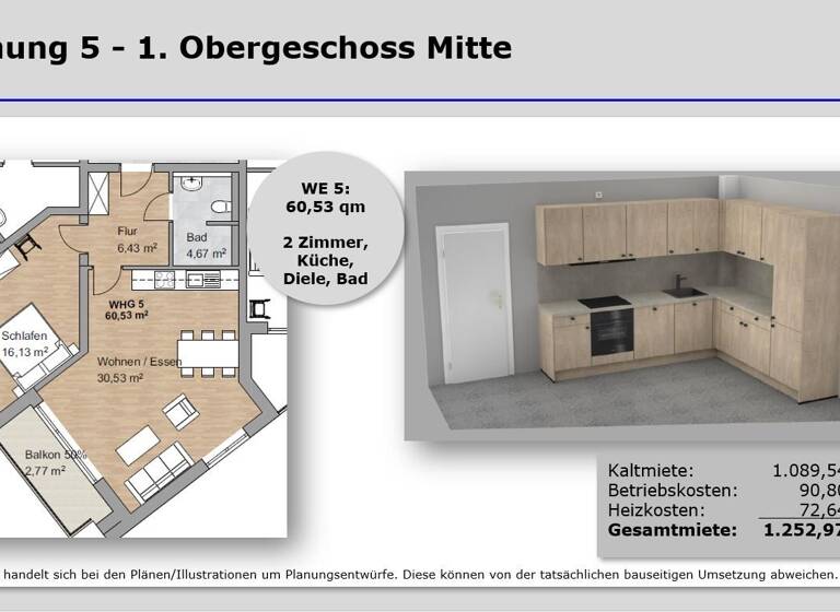 Wohnung zur Miete 1.090 € 2 Zimmer 60,5 m² 1. Geschoss frei ab sofort Kampgasse 16 Vingst Köln 51107