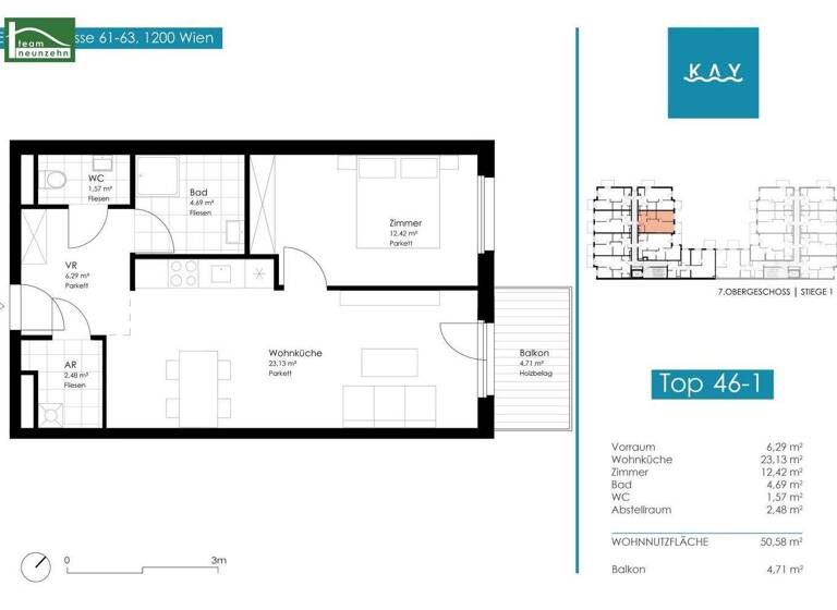 Wohnung zur Miete 856 € 2 Zimmer 50,6 m² 7. Geschoss frei ab 01.07.2026 Engerthstraße 61-63 Wien 1200
