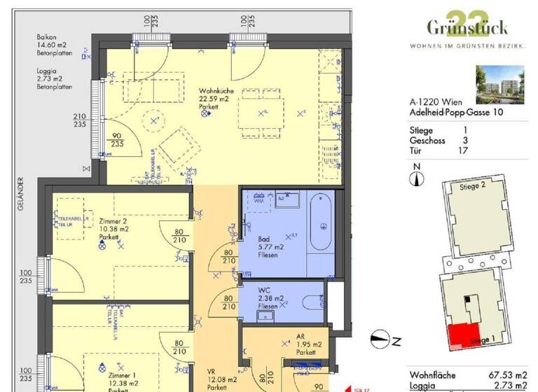 Wohnung zur Miete 1.017 € 3 Zimmer 67,5 m² 3. Geschoss frei ab 01.05.2026 Adelheid-Popp-Gasse 10 Wien 1220