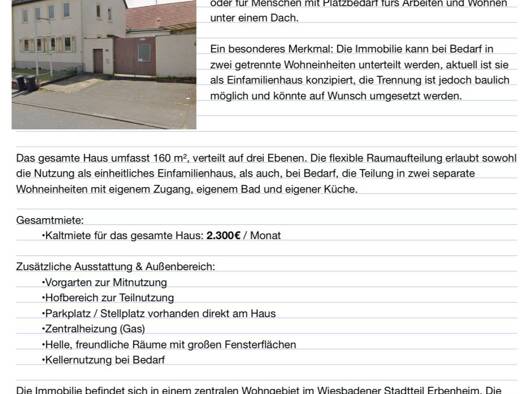 Bauernhaus zur Miete 2.300 € 7 Zimmer 160 m² frei ab sofort Berliner Straße 253 Erbenheim Wiesbaden 65205