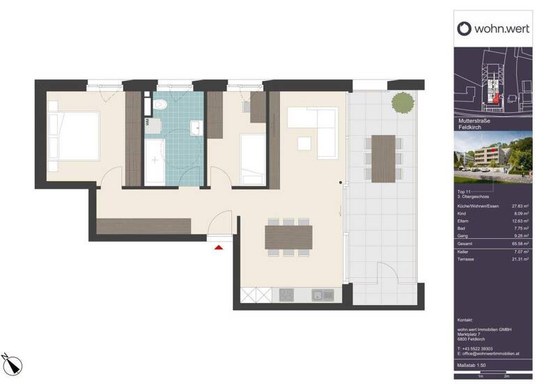 Terrassenwohnung zum Kauf - Erstbezug 520.000 € 3 Zimmer 65,6 m² 3. Geschoss frei ab 01.07.2026 Mutterstraße 11 Feldkirch 6800