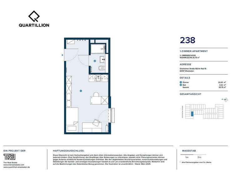 Studio zur Miete - Erstbezug 560 € 1 Zimmer 25,8 m² 2. Geschoss frei ab sofort Im Rad 15 Wiesbaden 65197