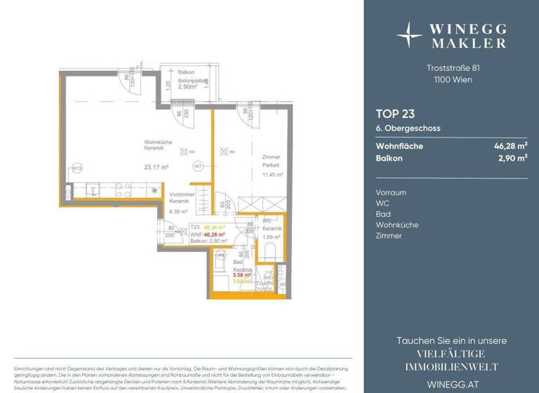 Wohnung zur Miete - Erstbezug 879 € 2 Zimmer 46,3 m² 6. Geschoss Troststraße 81 Wien 1100
