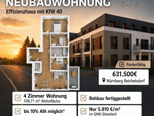 Wohnung zum Kauf - Neubau provisionsfrei 631.500 € 4 Zimmer 108,7 m² Geschoss 1/2 frei ab 01.11.2027 Dollnsteiner Straße Reichelsdorf Südliche Außenstadt 90453