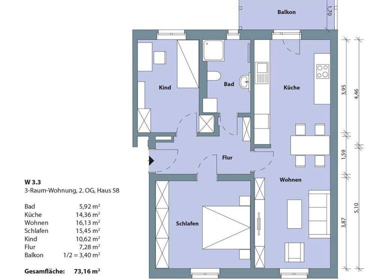 Wohnung zur Miete 732 € 3 Zimmer 73,2 m² 2. Geschoss frei ab 01.11.2026 Straße des Bergmanns 58 Innenstadt Gera 07545