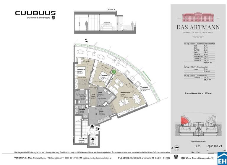 Wohnung zum Kauf - Erstbezug 2.144.442 € 3 Zimmer 110 m² 5. Geschoss Obere Donaustraße 19-21 Wien 1020