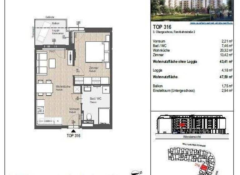 Wohnung zur Miete 561 € 2 Zimmer 43,4 m² 3. Geschoss Rennbahnstraße 2 St. Pölten 3100