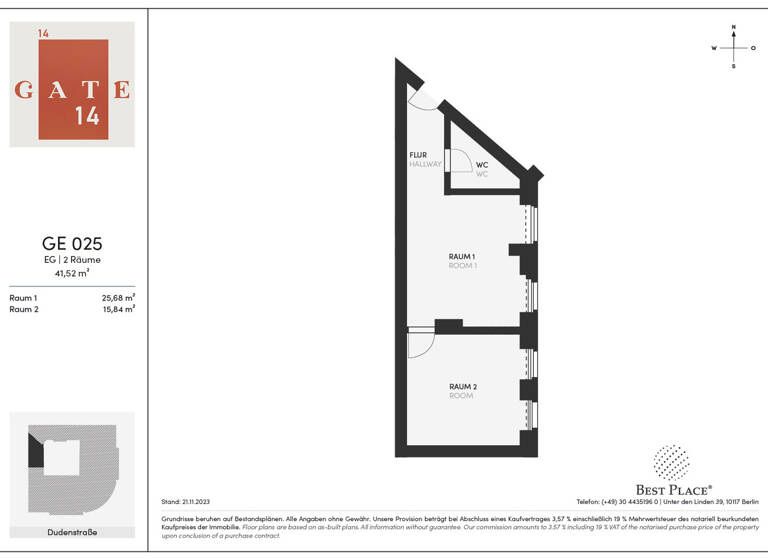 Wohnung zum Kauf 249.000 € 2 Zimmer 41,5 m²<br/>Wohnfläche EG<br/>Geschoss Eylauer Straße 14 Kreuzberg Berlin 10965