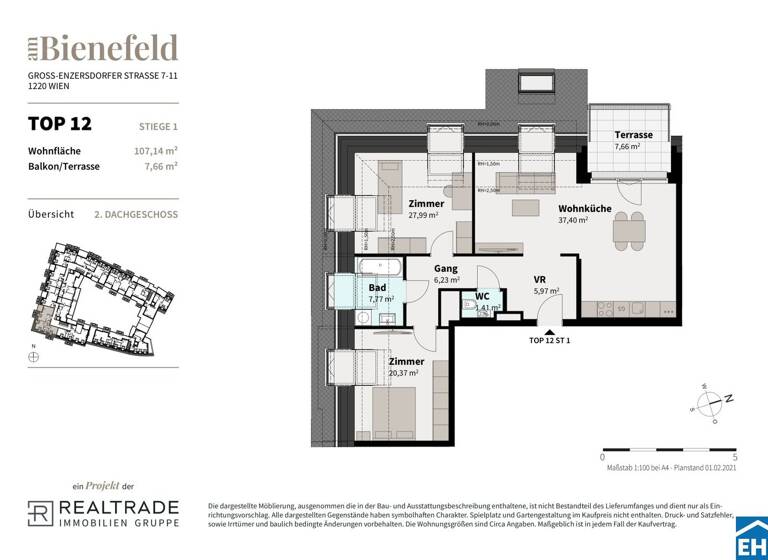 Wohnung zum Kauf - Erstbezug 599.000 € 3 Zimmer 107,1 m² 3. Geschoss Groß-Enzersdorfer Straße Wien 1220