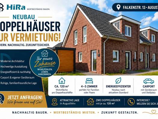 Einfamilienhaus zur Miete - Erstbezug 1.500 € 4 Zimmer 120 m² 300 m² Grundstück frei ab 01.12.2026 Augustfehn I Apen 26689