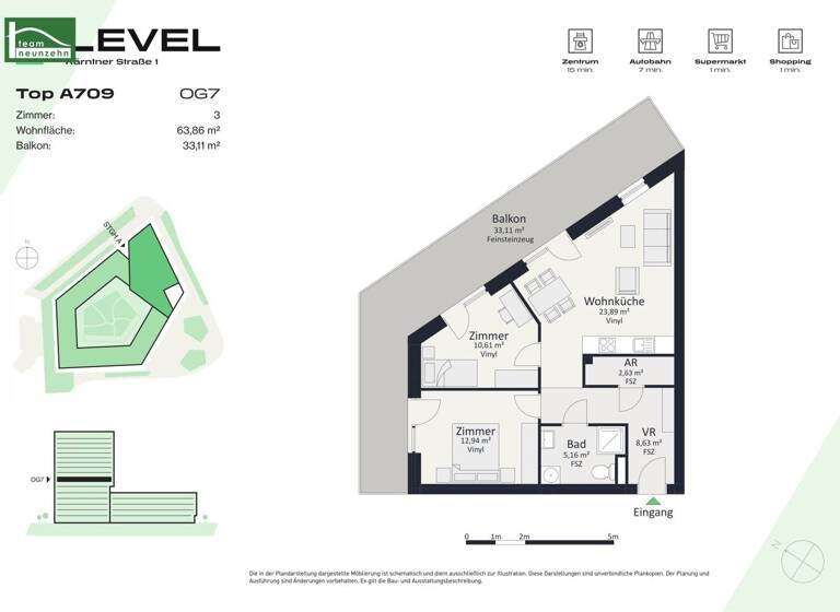 Wohnung zur Miete - Erstbezug 827 € 3 Zimmer 63,9 m² 7. Geschoss frei ab 01.05.2026 Kärntner Straße 1 Gries Graz 8020