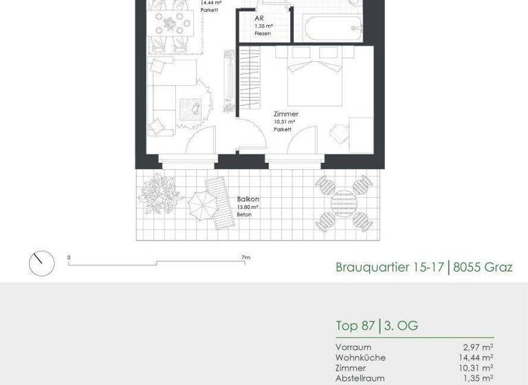 Wohnung zur Miete 404 € 2 Zimmer 34,4 m² 3. Geschoss frei ab 01.06.2026 Brauquartier 15-17 Puntigam Graz 8055