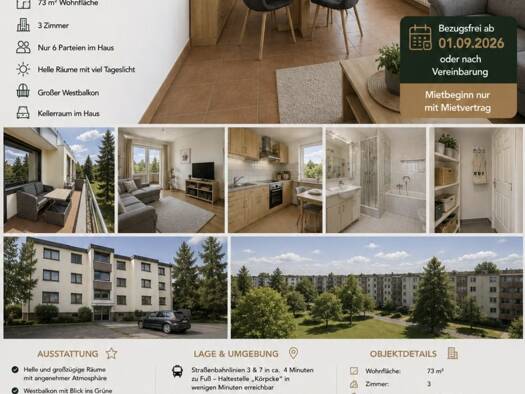 Wohnung zur Miete 1.045 € 3 Zimmer 72 m² Geschoss 2/2 frei ab 01.09.2026 Ossietzkyring 44 Mühlenberg Ricklingen 30457