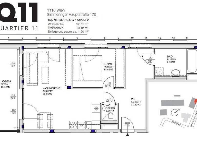 Wohnung zur Miete 936 € 2 Zimmer 57,5 m² 6. Geschoss Simmeringer Hauptstraße 170 Wien 1110