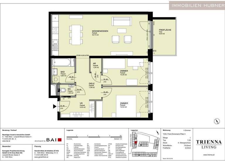 Wohnung zur Miete 1.612 € 3 Zimmer 76 m² 4. Geschoss Wien 1030