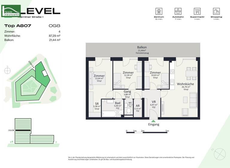 Wohnung zur Miete - Erstbezug 1.090 € 4 Zimmer 87,3 m² 8. Geschoss frei ab 01.05.2026 Kärntner Straße 1 Gries Graz 8020