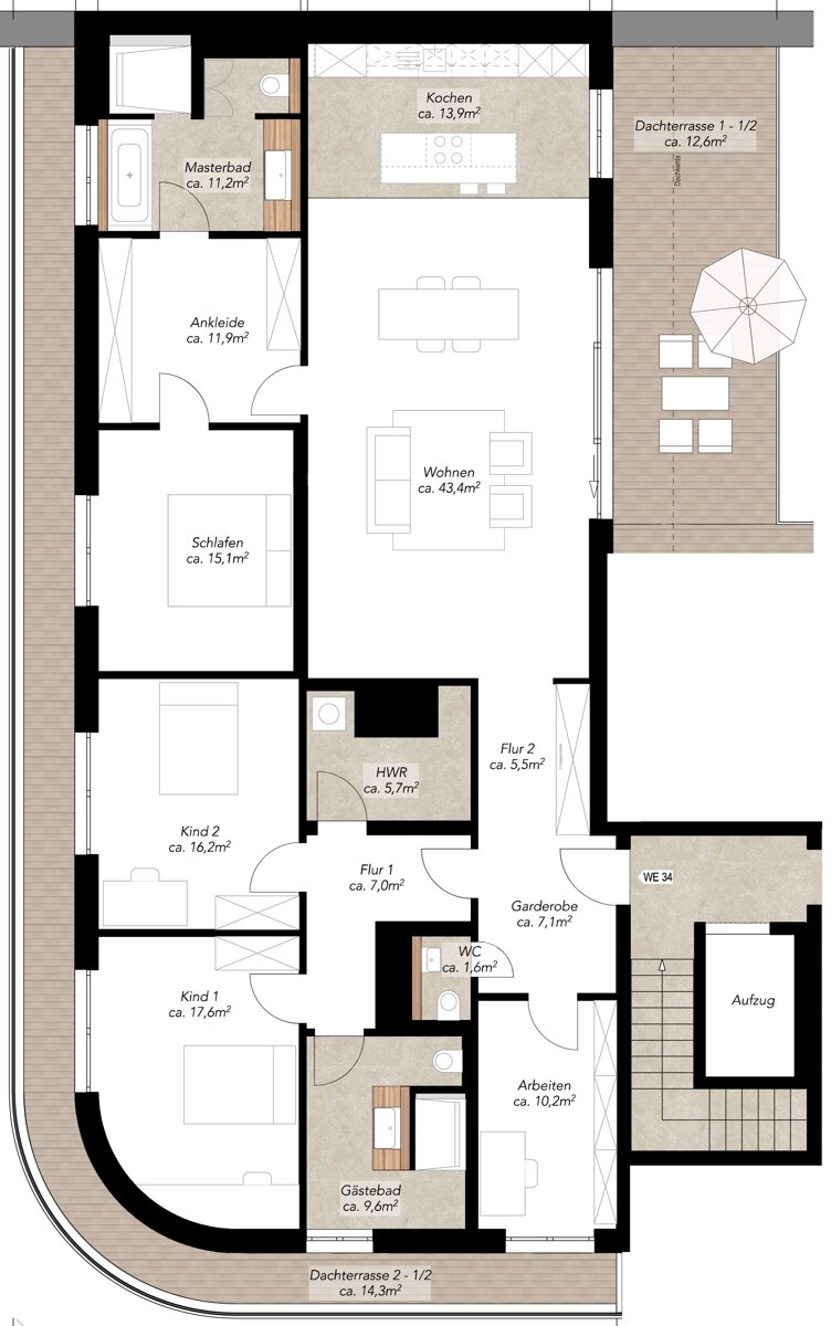 Penthouse zur Miete 4.060 € 5 Zimmer 202,9 m²<br/>Wohnfläche 6.<br/>Geschoss Ferdinand-Rhode-Straße 25 Zentrum - Süd Leipzig 04107