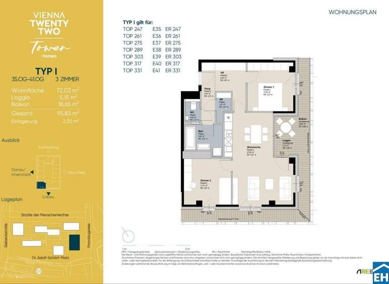 Wohnung zur Miete - Erstbezug 1.552 € 3 Zimmer 72 m² 38. Geschoss frei ab 01.04.2026 Wien 1220