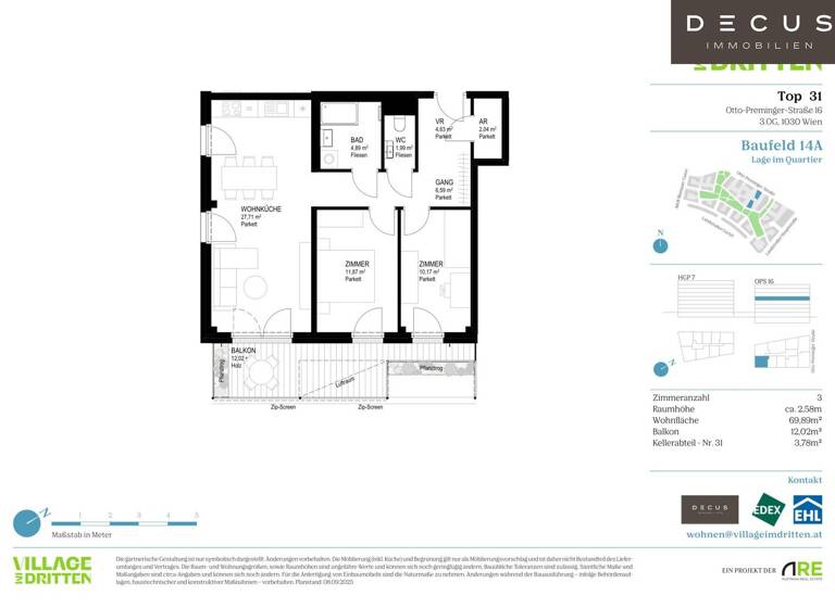 Wohnung zum Kauf 579.000 € 3 Zimmer 69,9 m² 3. Geschoss Wien 1030