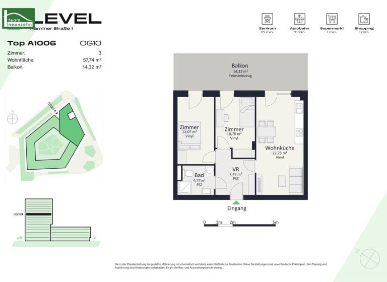 Wohnung zur Miete - Erstbezug 778 € 3 Zimmer 57,7 m² 10. Geschoss frei ab 01.05.2026 Kärntner Straße 1 Gries Graz 8020
