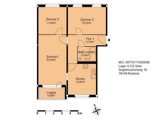 Wohnung zur Miete 480 € 3 Zimmer 75,6 m² 4. Geschoss frei ab 01.04.2026 Segelmacherweg 16 Groß Klein Rostock 18109
