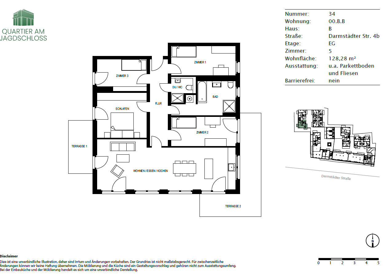 Wohnung zur Miete 1.840 € 5 Zimmer 128,3 m²<br/>Wohnfläche EG<br/>Geschoss Darmstädter Straße 4b Bickenbach 64404