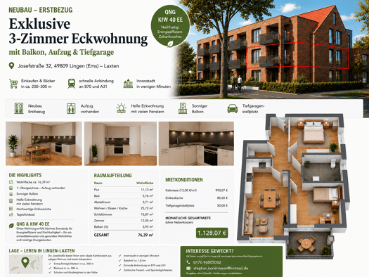 Wohnung zur Miete 993 € 3 Zimmer 76,4 m² Geschoss 1/3 frei ab 01.10.2026 Josefstraße Laxten Lingen (Ems) 49809