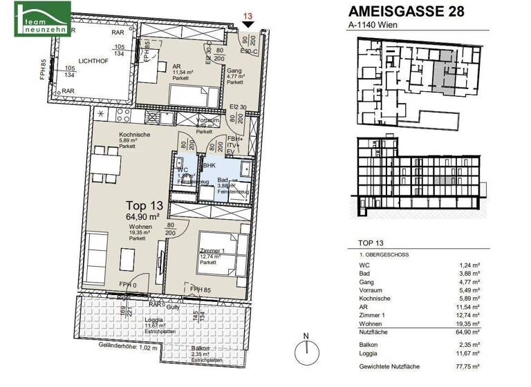 Wohnung zum Kauf - Erstbezug provisionsfrei 511.500 € 3 Zimmer 64,9 m² 1. Geschoss Ameisgasse 28 Wien 1140