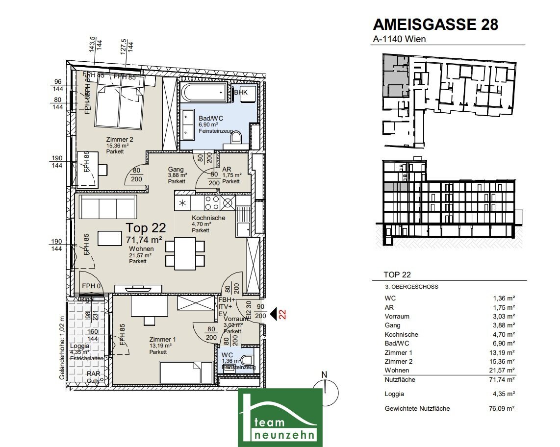 Wohnung zum Kauf provisionsfrei 507.250 € 3 Zimmer 71,8 m²<br/>Wohnfläche 3.<br/>Geschoss Ameisgasse 28 Wien 1140