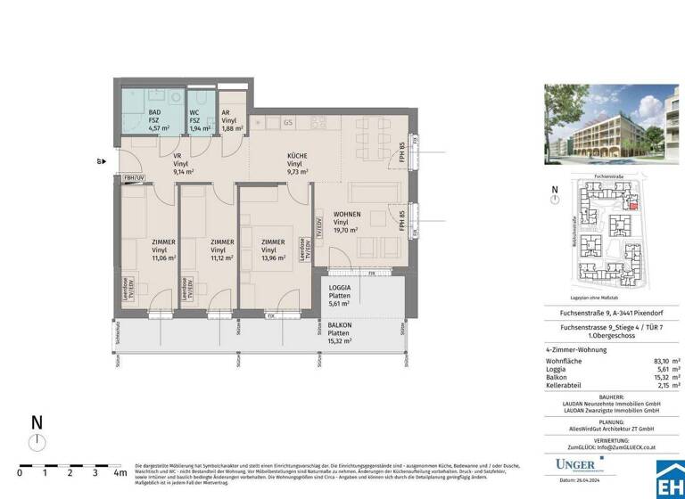 Wohnung zur Miete - Erstbezug 883 € 4 Zimmer 83,1 m² 1. Geschoss Fuchsenstraße Pixendorf 3451