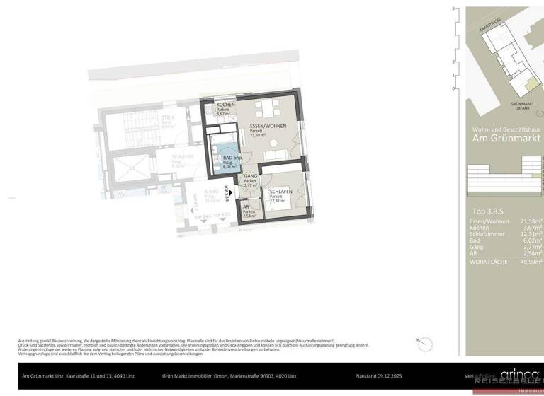 Wohnung zum Kauf - Erstbezug 369.307 € 2,5 Zimmer 49,9 m² 3. Geschoss Kaarstraße 11 und 13 Urfahr Linz 4040
