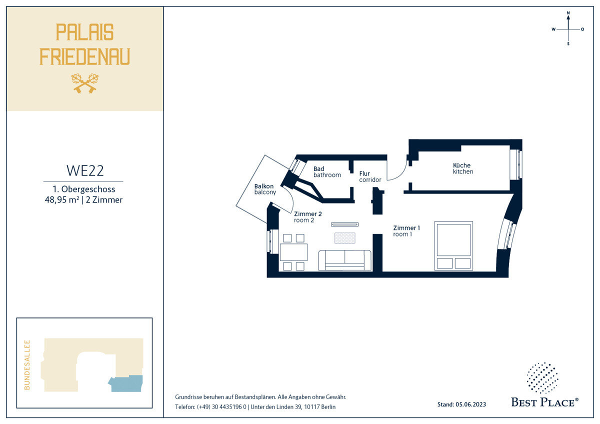 Wohnung zum Kauf provisionsfrei 245.000 € 2 Zimmer 49 m²<br/>Wohnfläche 1.<br/>Geschoss Bundesallee 111 Friedenau Berlin 12161